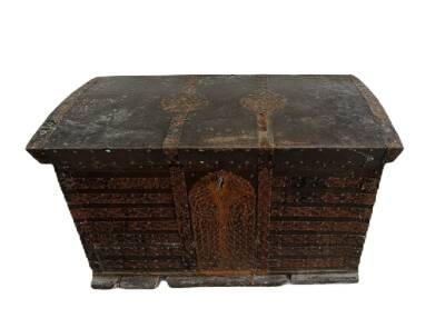 Kestane Ağacı Kabaralı Anahtarlı Ahşap Sandık – Zilli Mekanizmalı | Büyük Boy Antika AOB3710 - 1