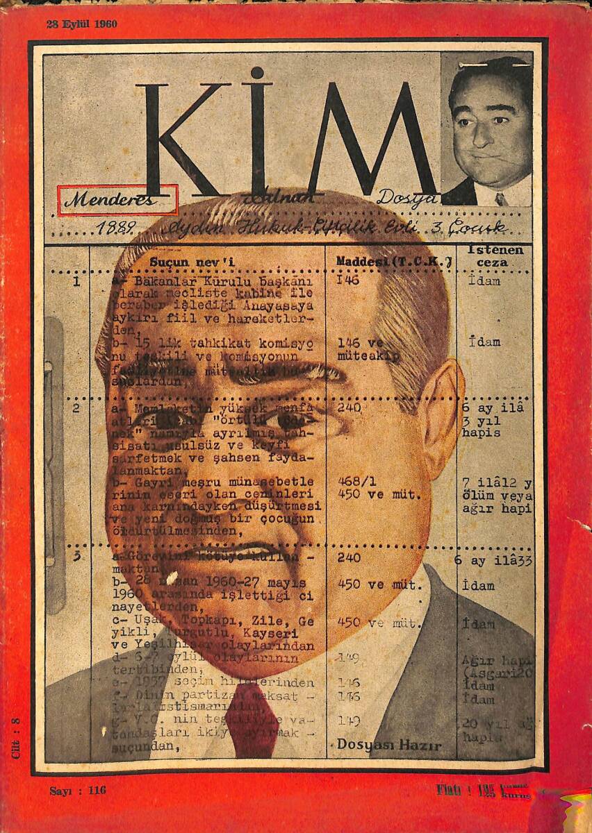 Kim Haftalık Haber Dergisi 28 Eylül 1960 Sayı : 116 - Kapak : Adnan Menderes NDR90881 - 1