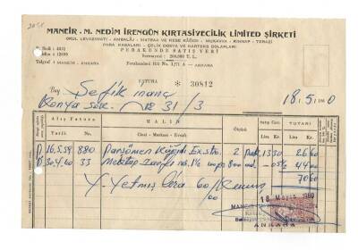 Kırtasiye -Maneir M. Nedim İrengün Kırtasiyecilik Limited Şirketi Antetli Fatura EFM1189 - 1
