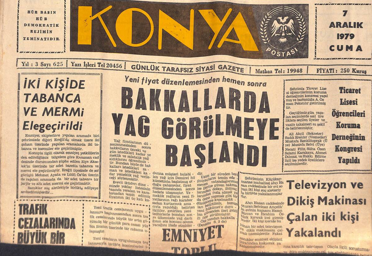 Konya Gazetesi 7 Aralık 1979 - Emniyet Toplu Aramalar Yaptı - Kredi Yurtlar Kurumu Kız Öğrenci Yurdunu Kiraladı GZ132511 - 1