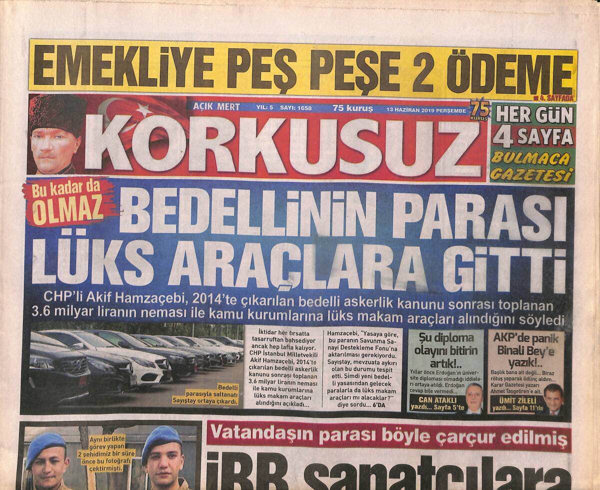 Korkusuz Gazetesi 13 Haziran 2019 - Özcan Deniz Otelde Bir Kat Kapattı - Gülşen Oğluyla Plajda GZ154291 - 1
