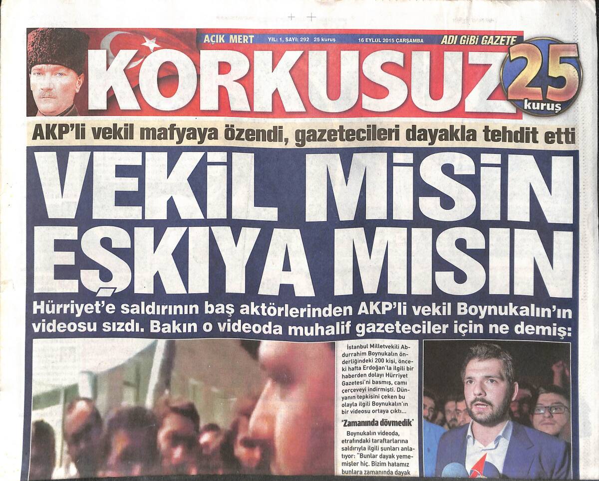 Korkusuz Gazetesi 16 Eylül 2015 - İstikamet Avrupa - Gupse Özay'ın Bol Kahkahalı Gecesi - İşsizlik Yine Zirve Yaptı GZ135390 - 1