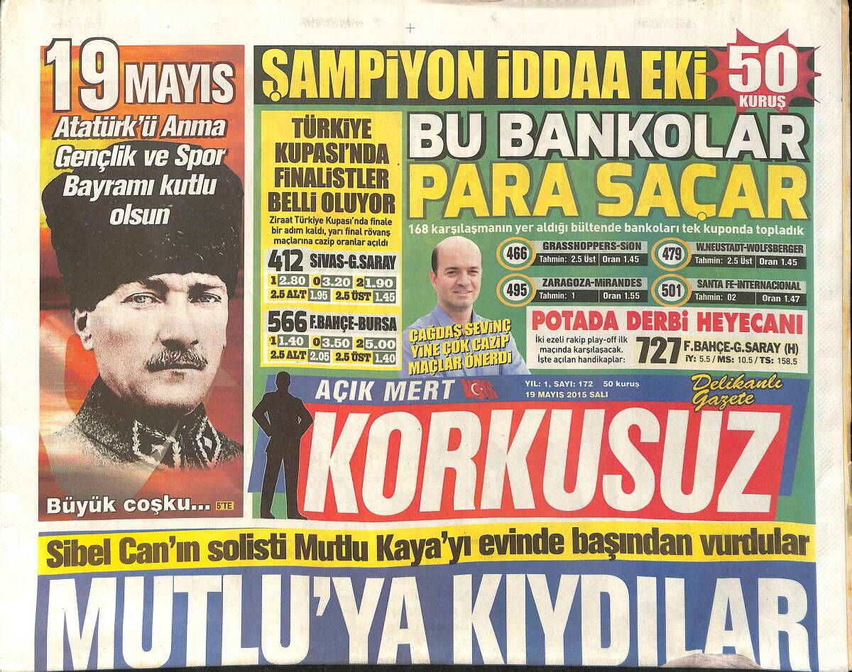 Korkusuz Gazetesi 19 Mayıs 2015 - Sibel Can'ın Solisti Mutlu Kaya'yı Evinde Başından Vurdular - Jennifer Lopez Dekoltede Sınır Tanımadı GZ155212 - 1