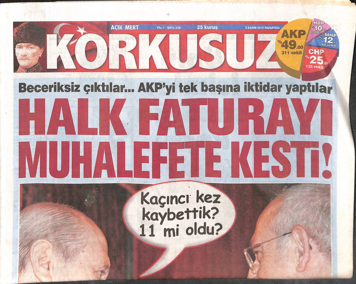 Korkusuz Gazetesi 2 Kasım 2015 - Halk Faturayı Muhalefete Kesti - Sandık Başında Kavgaya Biber Gazlı Müdahale... GZ135388 - 1