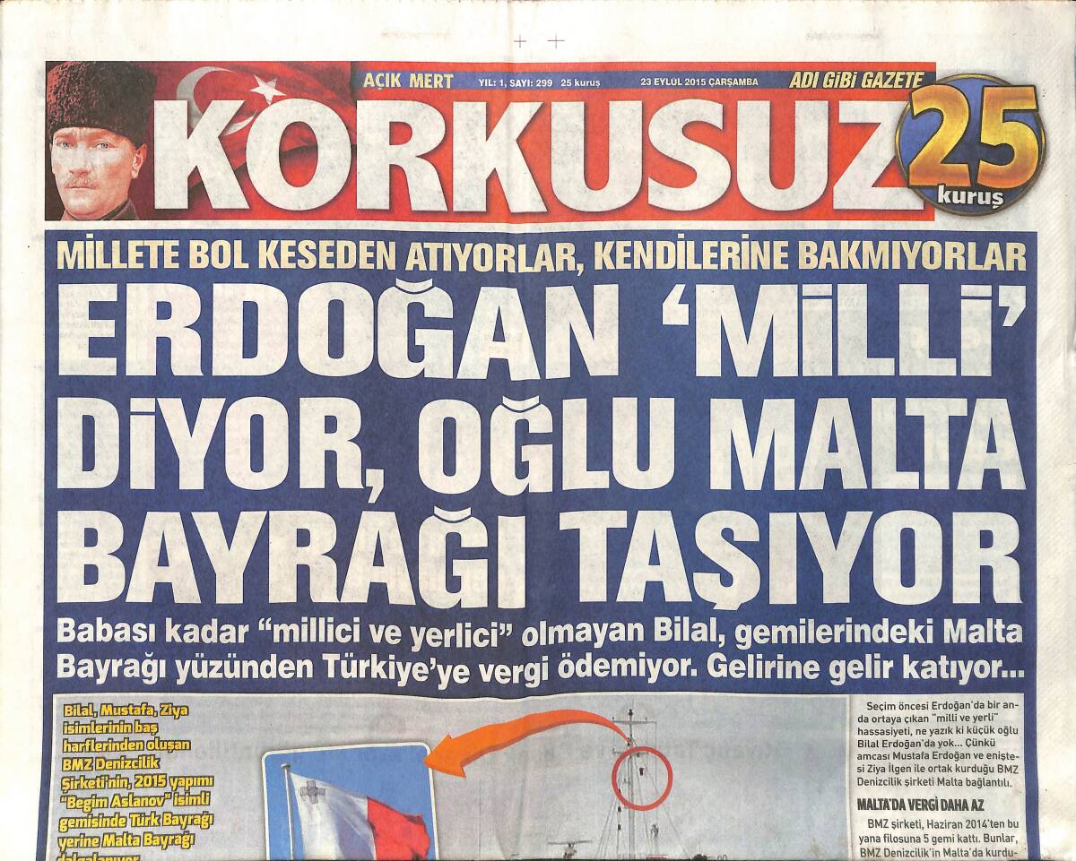 Korkusuz Gazetesi 23 Eylül 2015 - Sıla'dan Müzikle Terapi - Erdoğan Milli Diyor, Oğlu Malta Bayrağı Taşıyor GZ155222 - 1