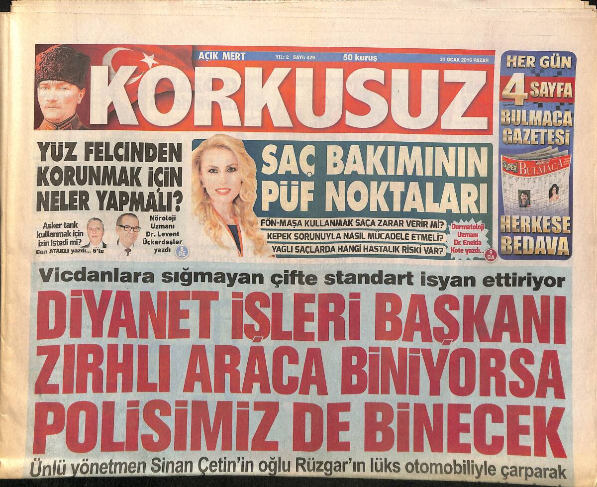Korkusuz Gazetesi 31 Ocak 2016 - Aziz Yıldırım: Devlet 100 Milyonluk Geri Ödeme Yapsın - Bülent Ersoy Domuz Gribi Atlattığını Söyledi GZ154293 - 1