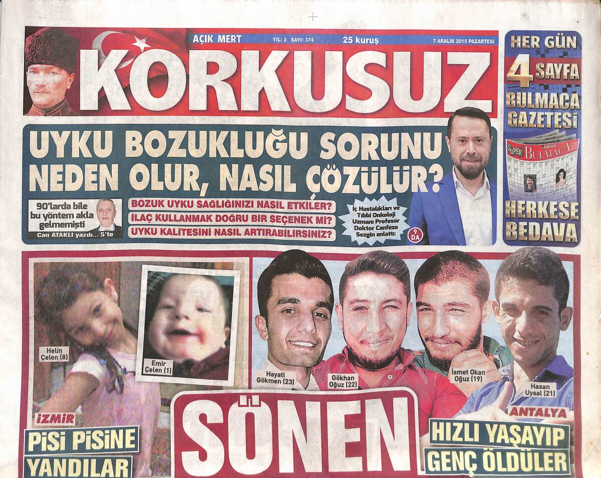 Korkusuz Gazetesi 7 Aralık 2015 - Sönen Hayatlar - Sıla Gençoğlu Ödülünü Alırken Atatürk'ü Andı GZ135396 - 1