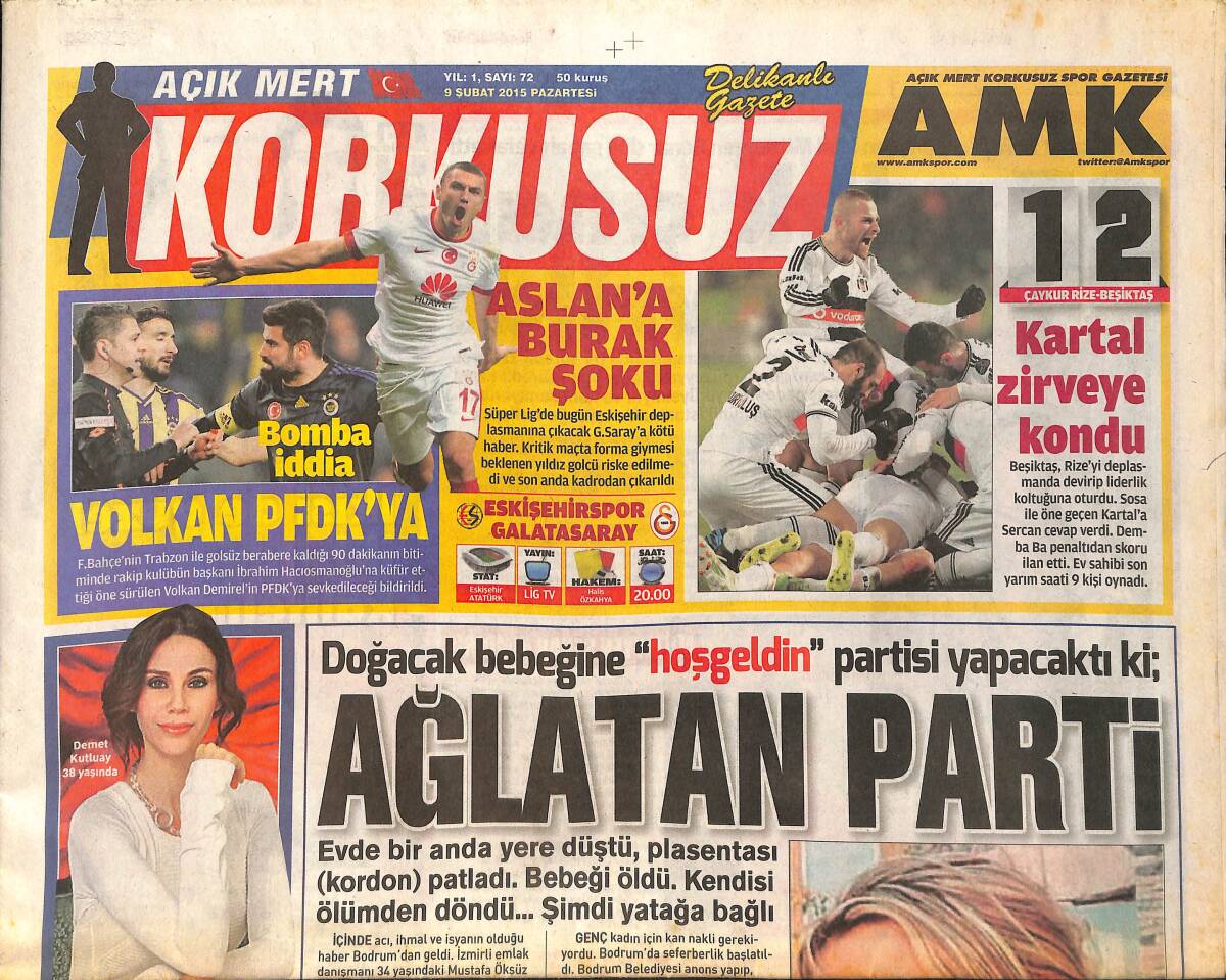 Korkusuz Gazetesi 9 Şubat 2015 - Aslan'a Burak Şoku - Müzeyyen Senar Dün Gece Vefat Etti GZ155203 - 1