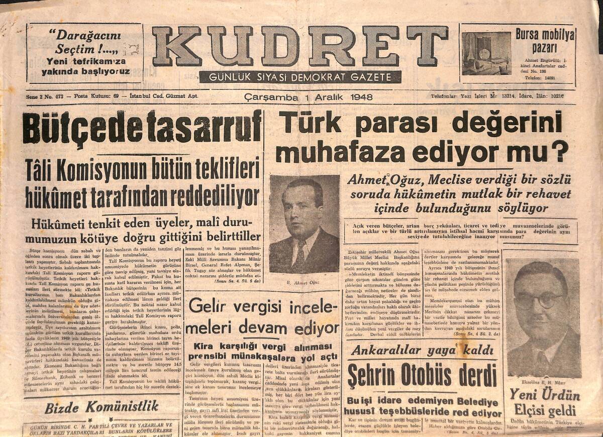 Kudret Gazetesi 1 Aralık 1948 - Churchill 74 Yaşında - Türk Parası Değerini Muhafaza Ediyor Mu? GZ146744 - 1