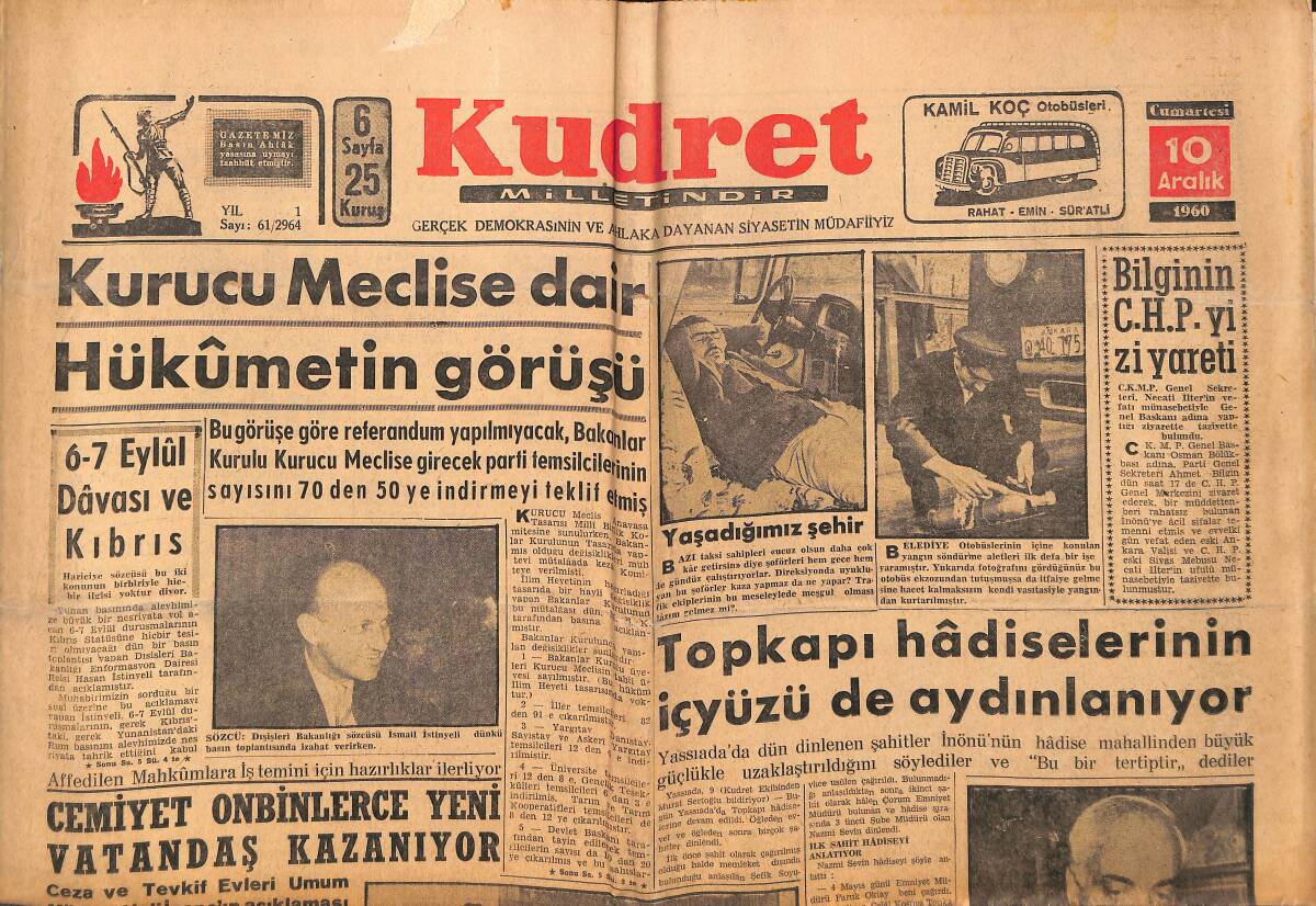 Kudret Gazetesi 10 Aralık 1960 - Topkapı Hadiselerinin İçyüzü De Aydınlanıyor - Topkapı Davasında Şahitlerin İfşaatı GZ150022 - 1