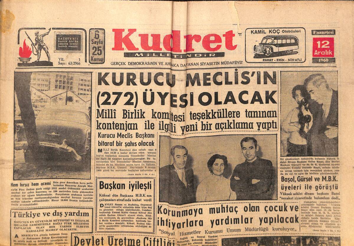 Kudret Gazetesi 12 Aralık 1960 - Kurucu Meclisin 272 Üyesi Olacak - Ankara Barosunda Vazife Taksimi Yapıldı GZ150018 - 1
