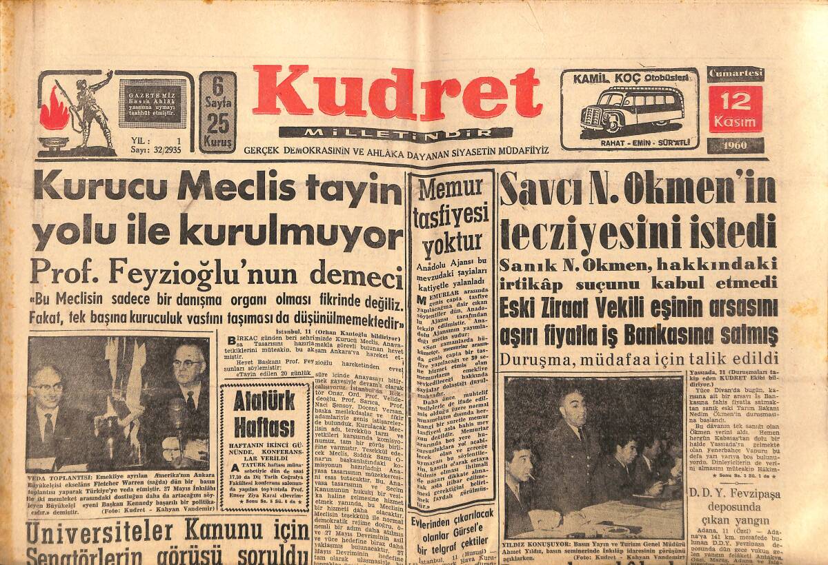 Kudret Gazetesi 12 Kasım 1960 - Prof. Feyzioğlu'nun Demeci - Güzeller Vietnam'da Hükümet Darbesi GZ150027 - 1