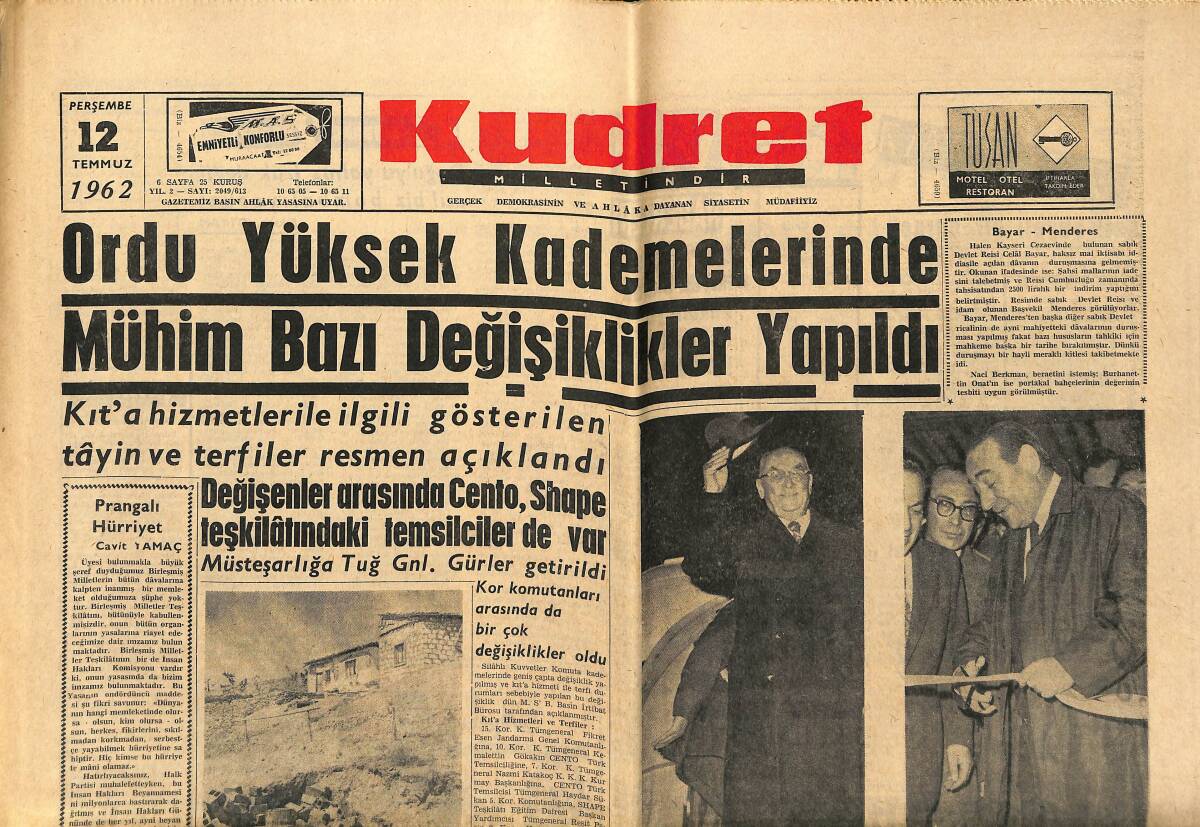 Kudret Gazetesi 12 Temmuz 1962 - Ordu Yüksek Kademelerinde Mühim Bazı Değişiklikler Yapıldı GZ150065 - 1
