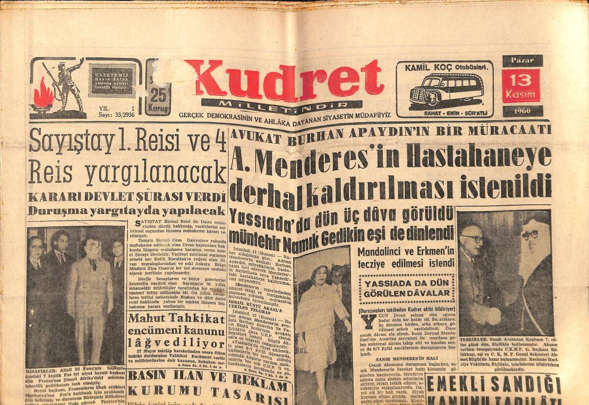 Kudret Gazetesi 13 Kasım 1960 - Adnan Menderes'in Hastaneye Derhal Kaldırılması İstendi - Güney Vietnam'da Asiler Geriliyor GZ150028 - 1