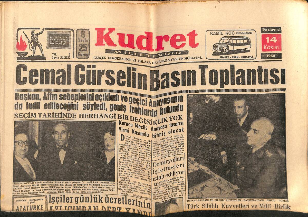 Kudret Gazetesi 14 Kasım 1960 - Cemal Gürsel'in Basın Toplantısı - Süreyya'nın Kalbinde Artık İran Hasreti Yok GZ150029 - 1
