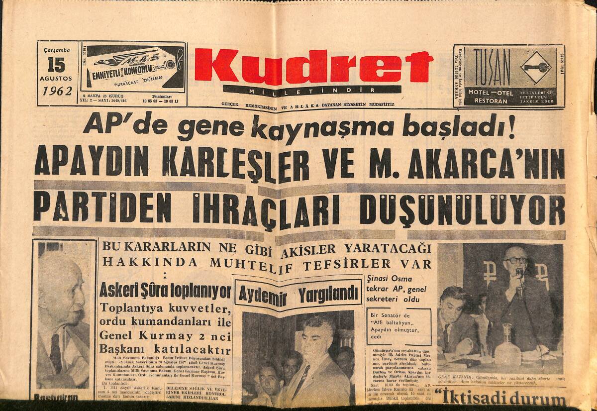Kudret Gazetesi 15 Ağustos 1962 - AP'de Gene Kaynaşma Başladı - Maliye Teftiş Heyeti Kadrosu Takviye Ediliyor GZ150076 - 1
