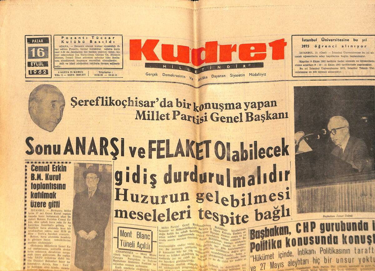 Kudret Gazetesi 16 Eylül 1962 - Galatasaray-Dinamo Bugün Karşılaşıyor - De Gaulle'e Suikast Yapanların Kimlikleri Tespit Edildi GZ149054 - 1