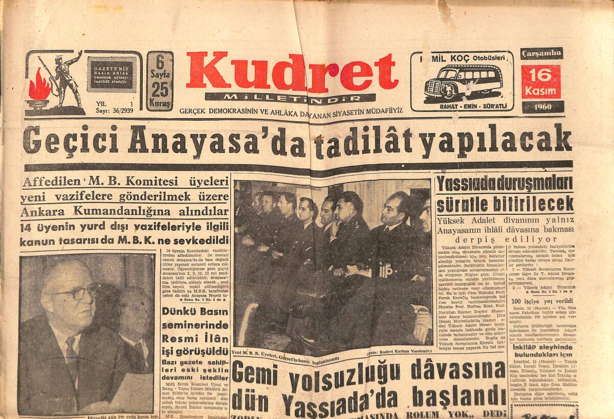 Kudret Gazetesi 16 Kasım 1960 - Geçici Anayasa'da Tadilat Yapılacak - Yassıada Duruşmaları Süratle Bitirilecek GZ150031 - 1