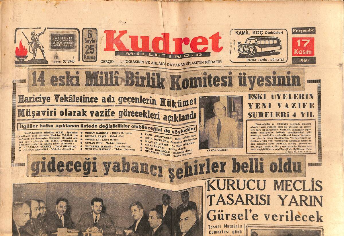 Kudret Gazetesi 17 Kasım 1960 - Kurucu Meclis Tasarısı Yarın Gürsel'e Verilecek - Roberto Torini Gidiyor GZ150032 - 1