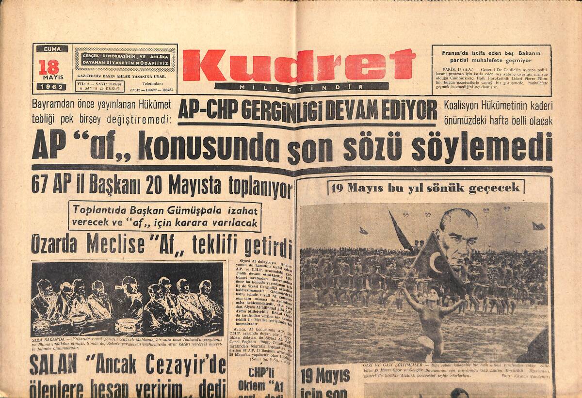 Kudret Gazetesi 18 Mayıs 1962 - Kurban Bayramı Ankara'da Hadisesiz Geçti - Amerika Tailand'a Dün Asker Çıkardı GZ150075 - 1