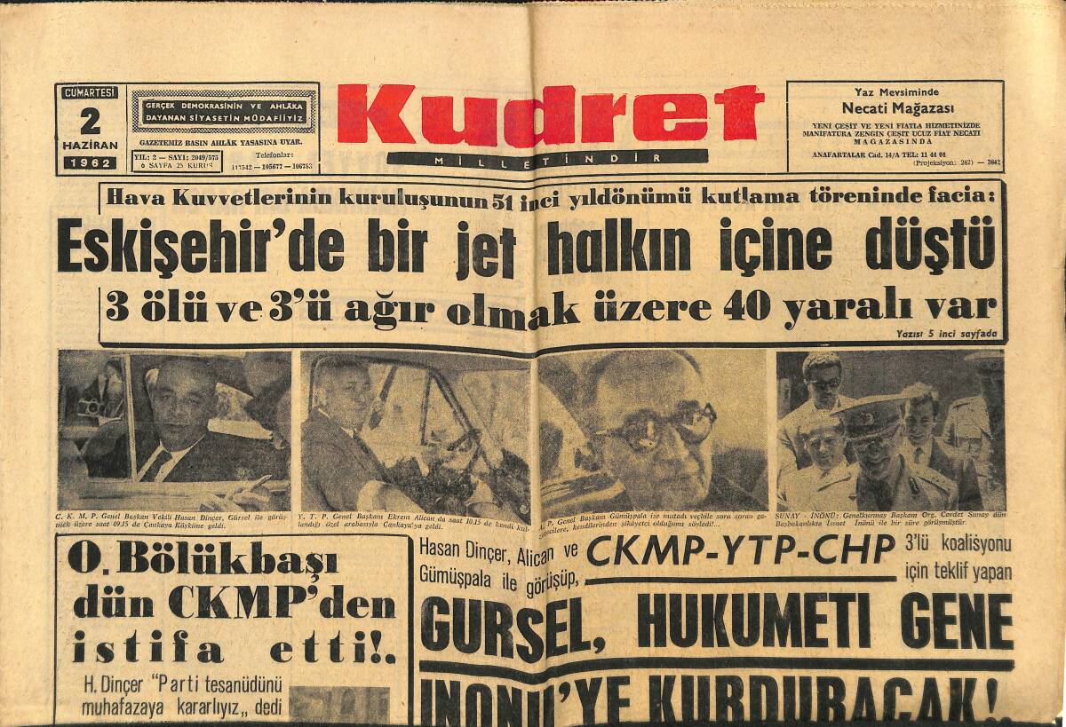 Kudret Gazetesi 2 Haziran 1962 - Eichmann İdam Edildi , Yakıldı Ve Külleri Akdeniz'e Döküldü - Eskişehir'de Bir Jet Halkın İçine Düştü GZ149935 - 1