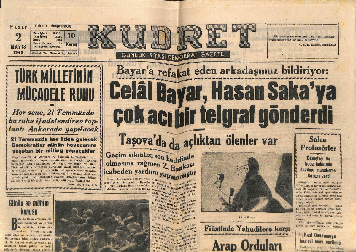 Kudret Gazetesi 2 Mayıs 1948 - Celal Bayar, Hasan Saka'ya Çok Acı Bir Telgraf Gönderdi - Filistin'de Yahudilere Karşı Arap Orduları Taarruza Geçti GZ141415 - 1