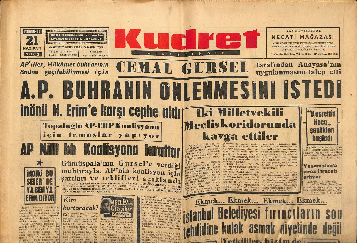 Kudret Gazetesi 21 Haziran 1962 - A.P. Buhranın Önlenmesini İstedi - Isparta'da Halı Sergisi Açıldı GZ150058 - 1