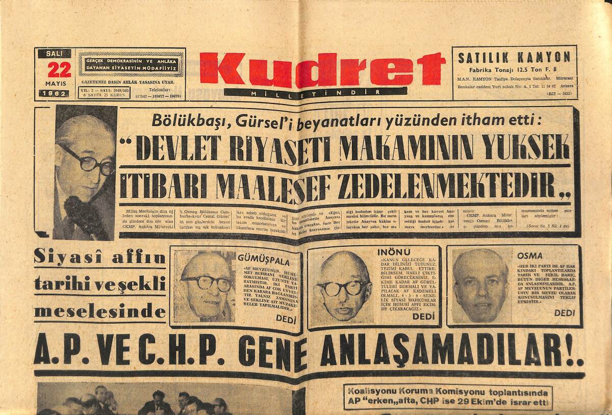 Kudret Gazetesi 22 Mayıs 1962 - Arjantin'de Tepki Başladı 200.000 İşçi Grev Yapıyor - AP Ve CHP Gene Anlaşamadılar GZ149932 - 1