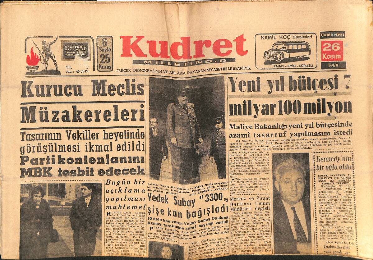 Kudret Gazetesi 26 Kasım 1960 - Yeni Yıl Bütçesi 7 Milyar 100 Milyon - Kennedy'nin Bir Oğlu Oldu - Menderes'in Anlattıkları GZ150035 - 1