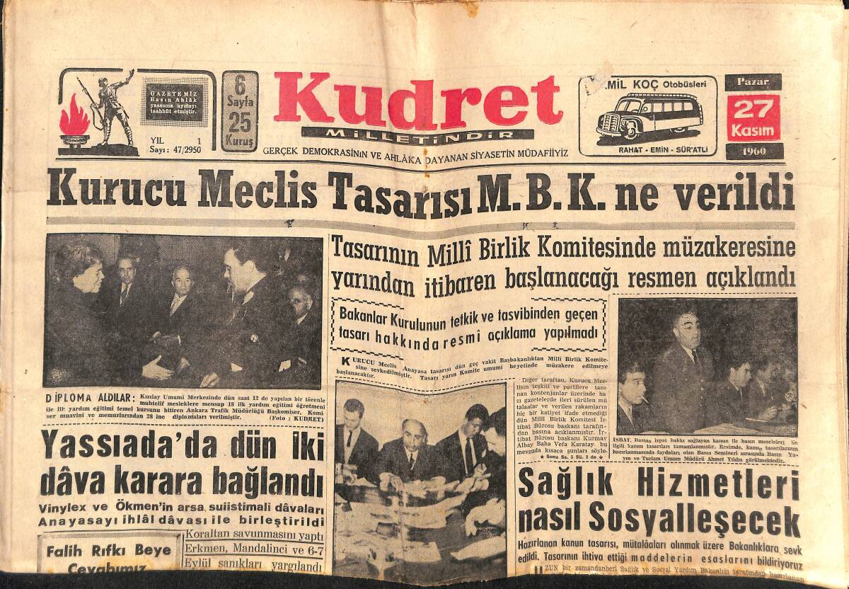 Kudret Gazetesi 27 Kasım 1960 - Yassıada'da Dün İki Dava Karara Bağlandı - Bugün Bulgaristan'la Oynuyoruz GZ150036 - 1