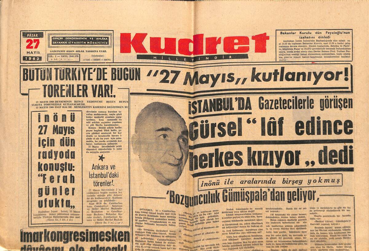 Kudret Gazetesi 27 Mayıs 1962 - Salan'a Yüksek Şahsiyetler Yardım Etmiş - Gol Gazinosu Zeki Müren Afişi GZ150084 - 1