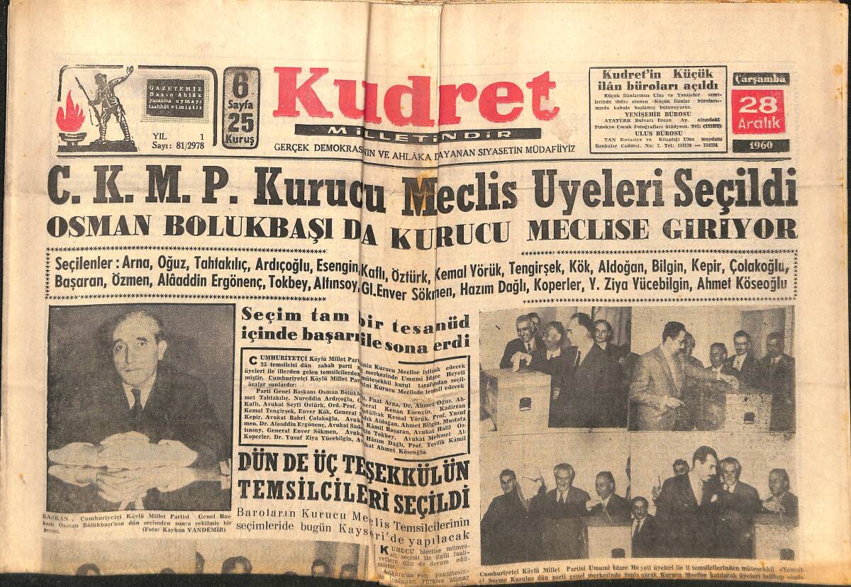 Kudret Gazetesi 28 Aralık 1960 - Büyük Atatürk'ün Ankara'ya Gelişinin Kırk Birinci Yılı Kutlandı - Cezayir'de Müslüman Mahalleleri Karıştı GZ150016 - 1