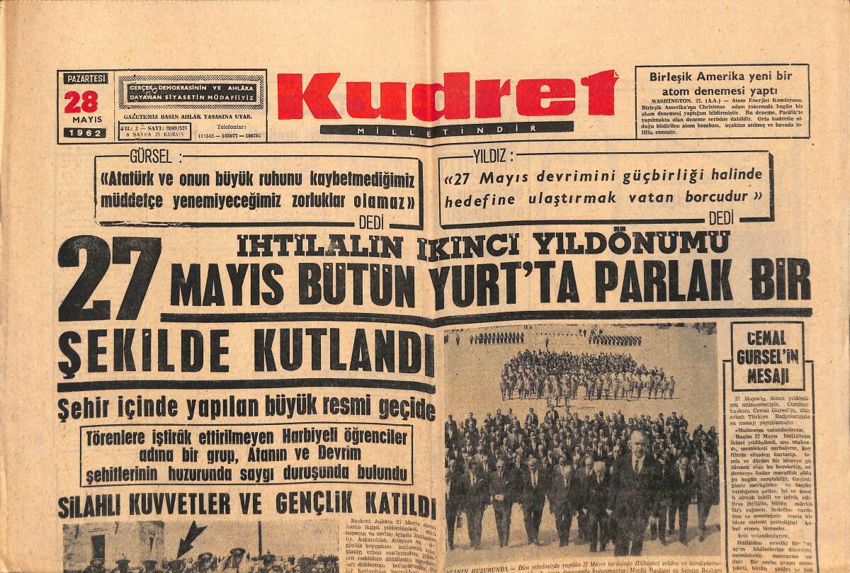 Kudret Gazetesi 28 Mayıs 1962 - Ankara Sendikaları Birliği Feshedildi - 27 Mayıs Bütün Yurtta Parlak Bir Şekilde Kutlandı GZ150085 - 1
