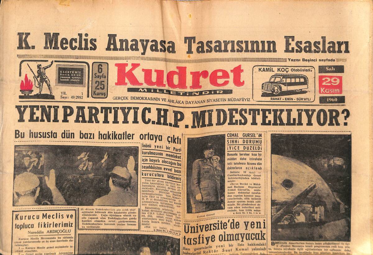 Kudret Gazetesi 29 Kasım 1960 - Yeni Partiyi CHP Mi Destekliyor - Yassıada'dan Kısa Notlar GZ150038 - 1