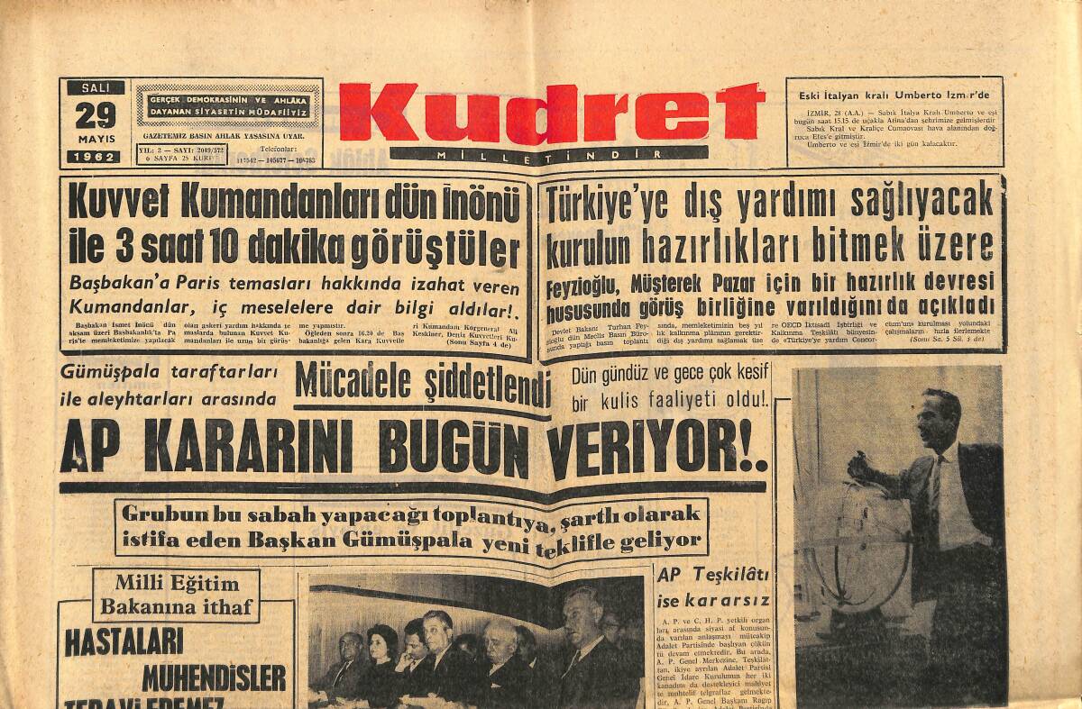 Kudret Gazetesi 29 Mayıs 1962 - AP Kararını Bugün Veriyor - Mesken Davası Halledilecek !. GZ150061 - 1