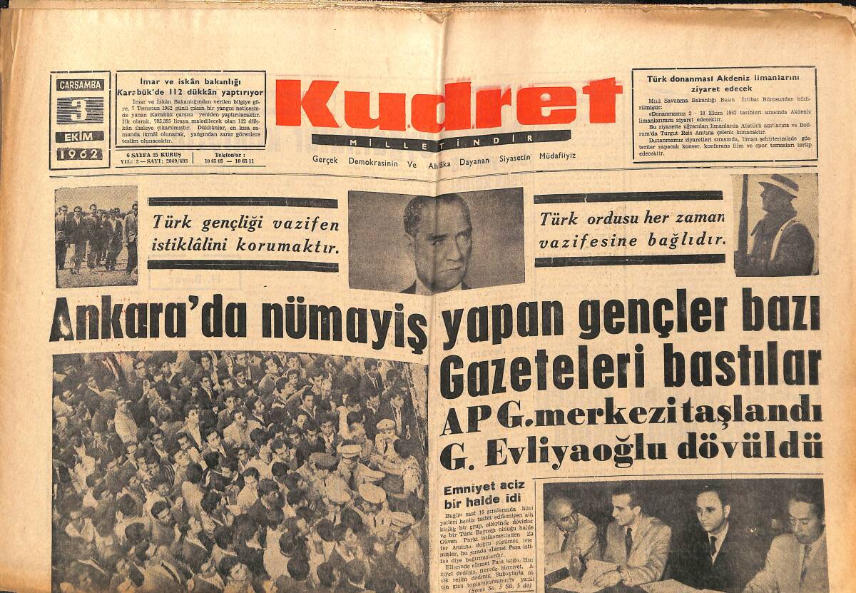 Kudret Gazetesi 3 Ekim 1962 - Ankara'da Nümayiş Yapan Gençler Bazı Gazeteleri Bastılar - Galatasaray'ın Rakibi Belli Oldu GZ150014 - 1