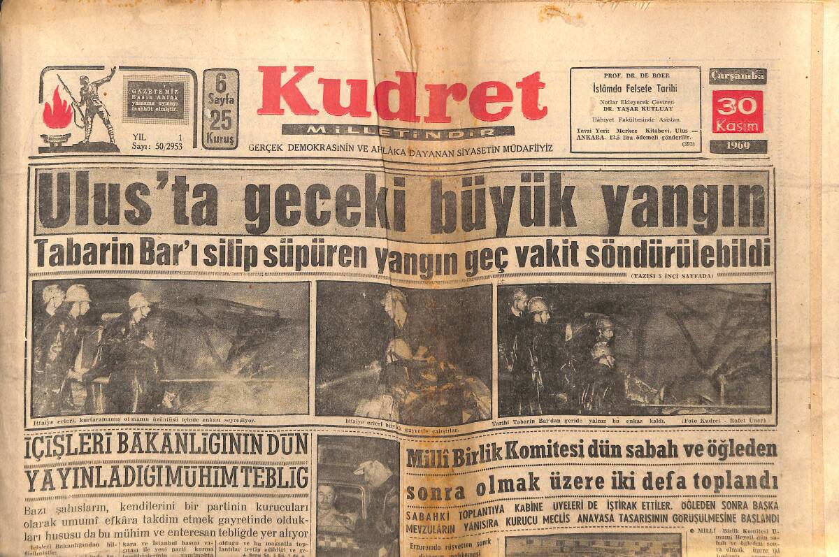 Kudret Gazetesi 30 Kasım 1960 - Ulus'ta Büyük Yangın - Polatlı D. Üretme Çiftliğinde Hadise GZ150019 - 1