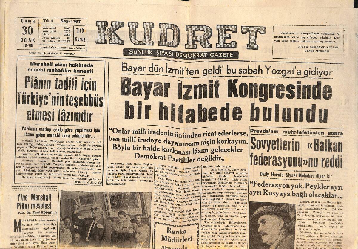 Kudret Gazetesi 30 Ocak 1948 - Bayan Kelly'nin Konferansı - Bayar İzmit Kongresinde Bir Hitabede Bulundu GZ146641 - 1