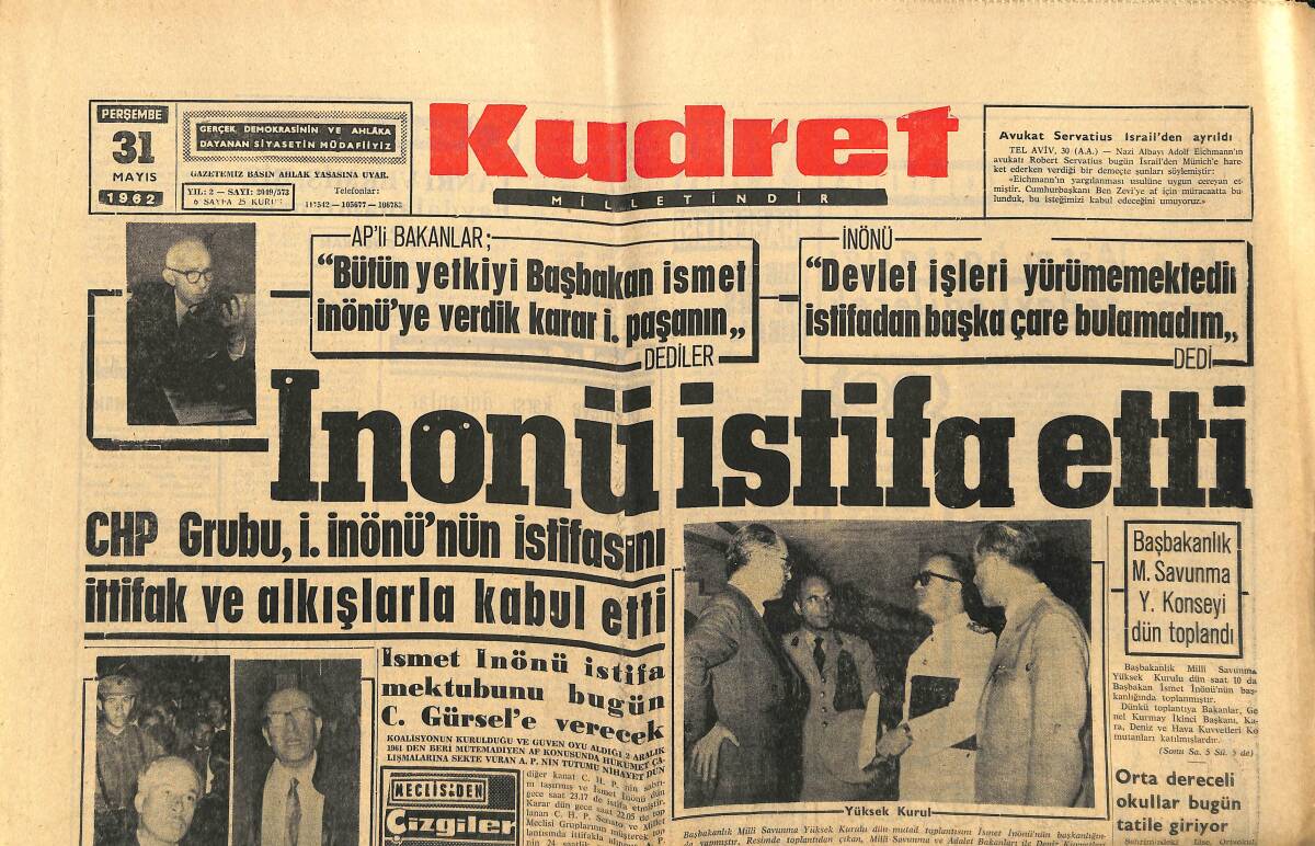 Kudret Gazetesi 31 Mayıs 1962 - İnönü İstifa Etti - Beşer Davası Karara Kaldı GZ150059 - 1