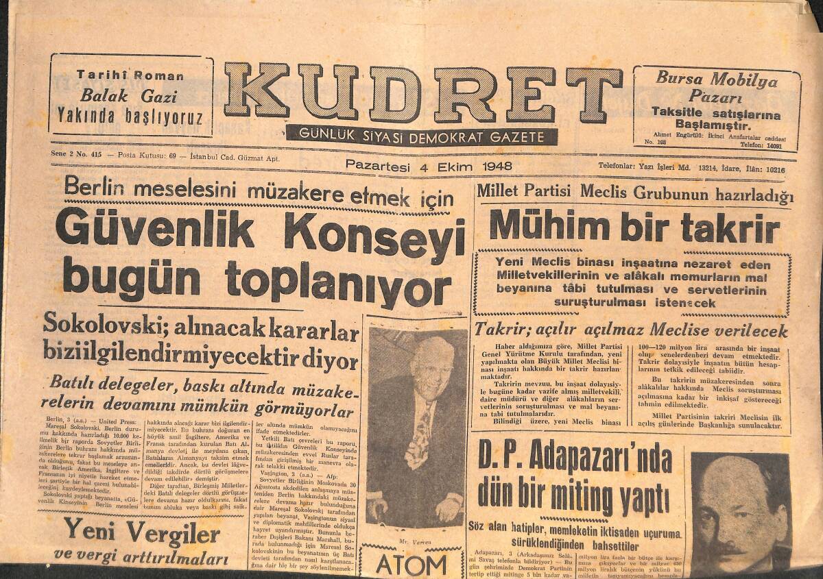 Kudret Gazetesi 4 Ekim 1948 - İspanya, Amerika'ya Askeri Üsler Verecek - Adapazarı'ndaki Miting GZ146745 - 1