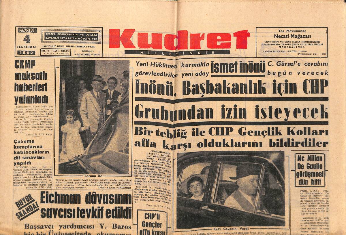 Kudret Gazetesi 4 Haziran 1962 - Eichmann Davasının Savcısı Tevkif Edildi - Güreş Milli Takımları Yarın Tesbit Ediliyor GZ150081 - 1