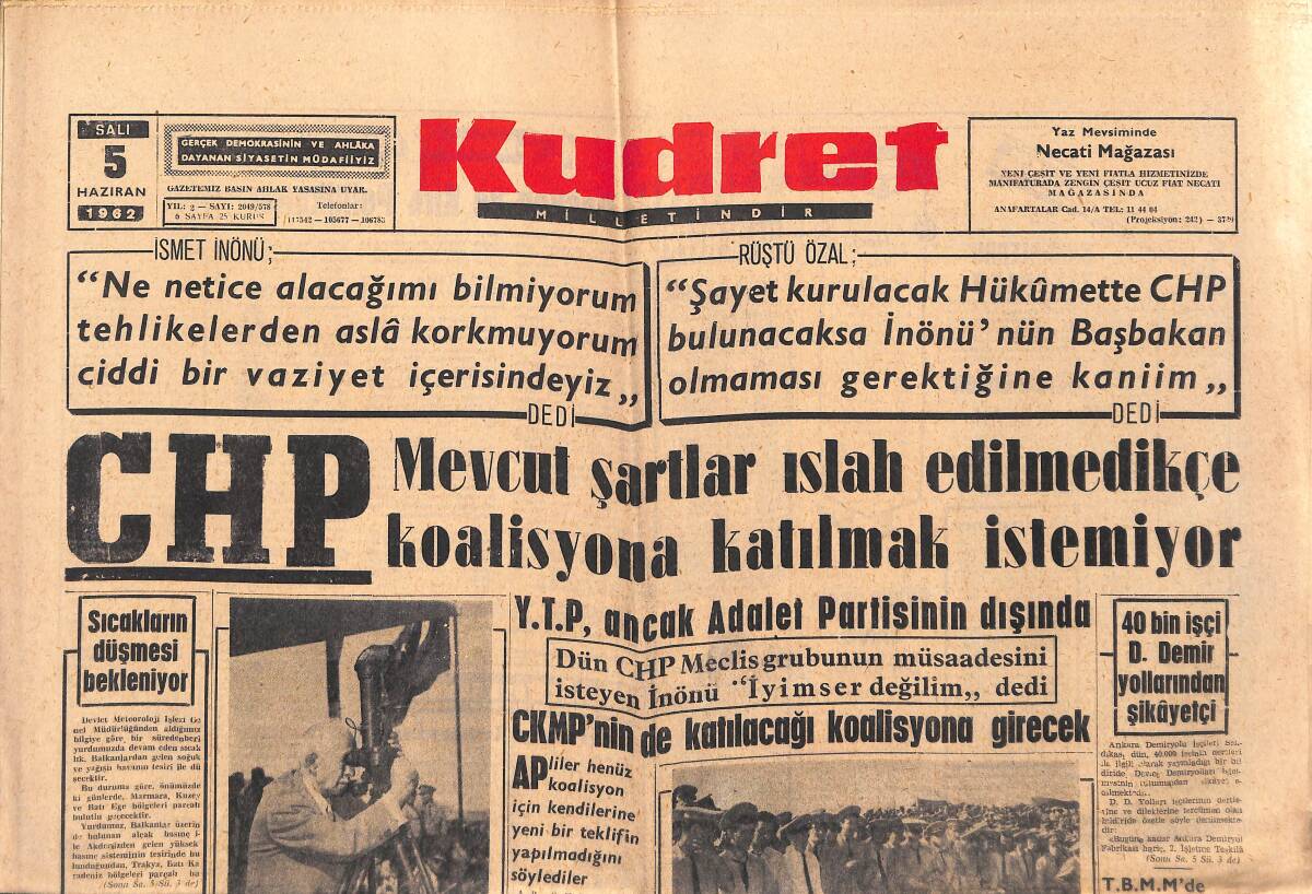 Kudret Gazetesi 5 Haziran 1962 - Düşen Boeing 707 Uçağı İle İlgili Tahkikat Başladı GZ150082 - 1