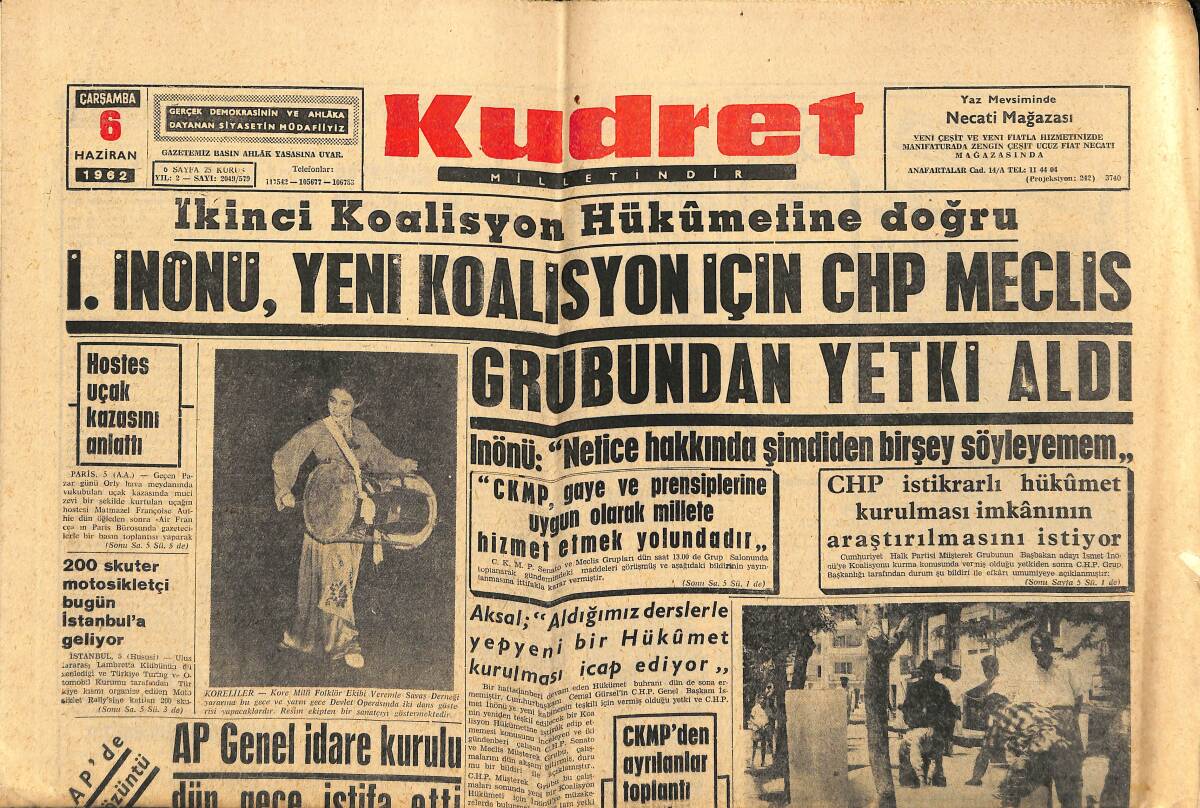 Kudret Gazetesi 6 Haziran 1962 - N.Beşer Bir Yıl Ağır Hapse Mahkum Oldu - İkinci Koalisyon Hükümetine Doğru GZ150062 - 1
