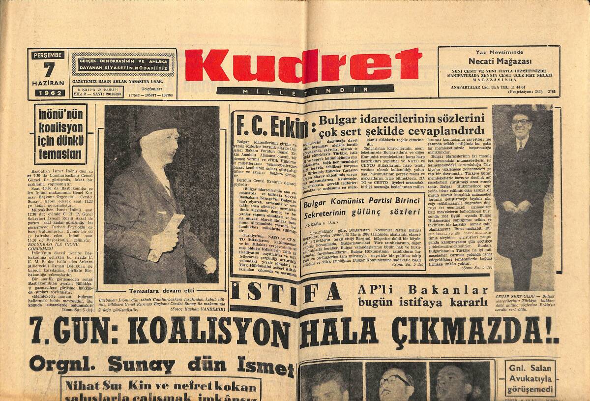 Kudret Gazetesi 7 Haziran 1962 - Önder , Asal Ve Bilgin'in YTP'den İhracı İstendi - Devlet Tiyatrosunun İçindeki Buhran GZ150063 - 1