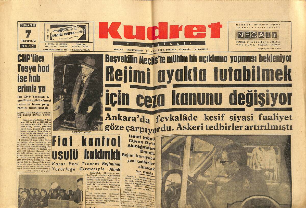 Kudret Gazetesi 7 Temmuz 1962 - Mehmet Baydur Olayı Anayasa Mahkemesine Getiriliyor GZ149934 - 1
