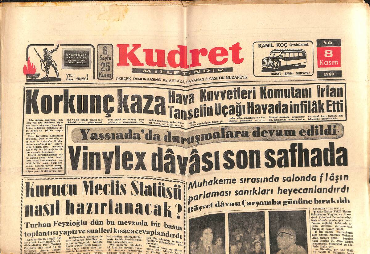 Kudret Gazetesi 8 Kasım 1960 - Vinylex Davası Son Safhada - İstanbul Üniversitesi Büyük Törenle Açıldı GZ150024 - 1