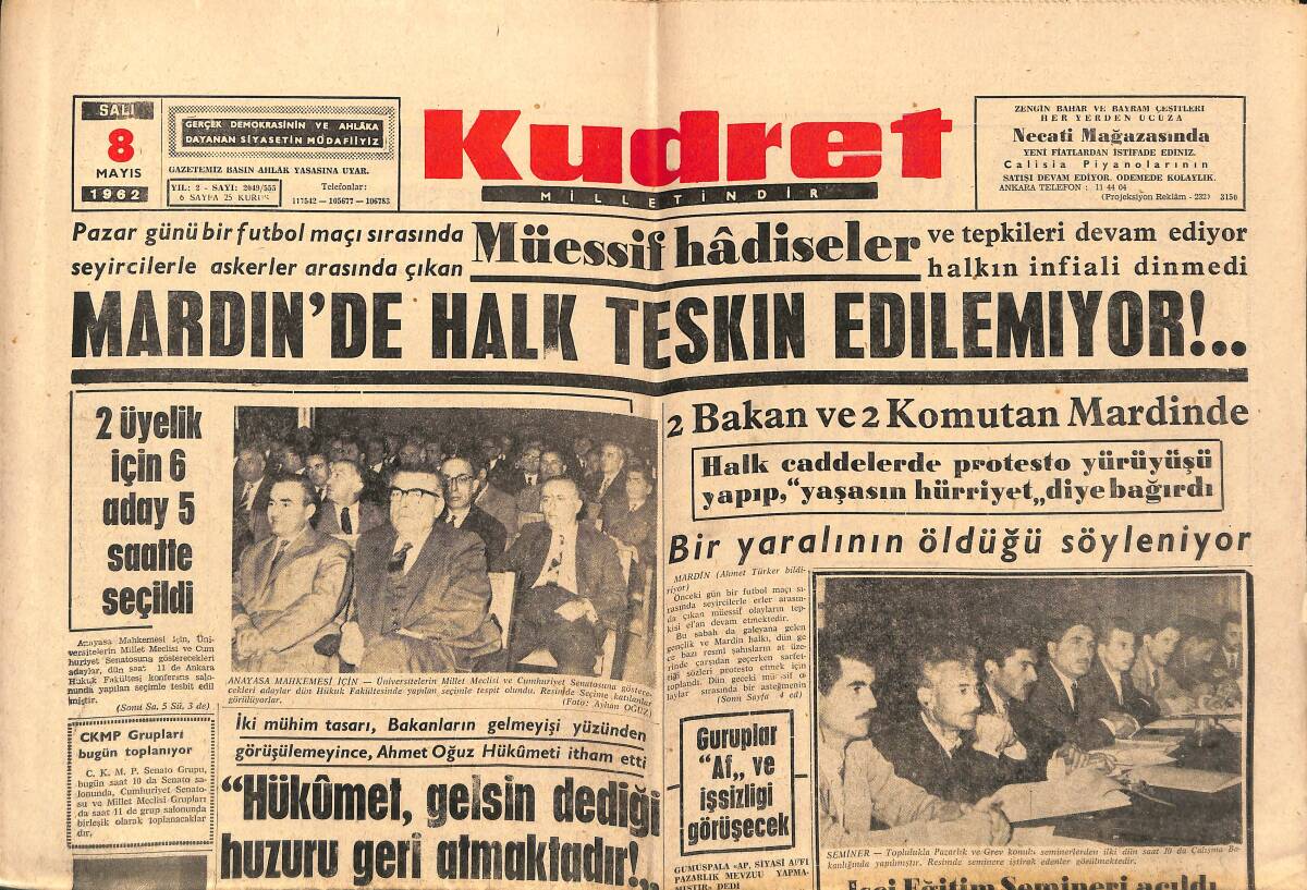 Kudret Gazetesi 8 Mayıs 1962 - Mardin'de Halk Teskın Edilemiyor - Hamit Kaplan Dün Geldi GZ150077 - 1