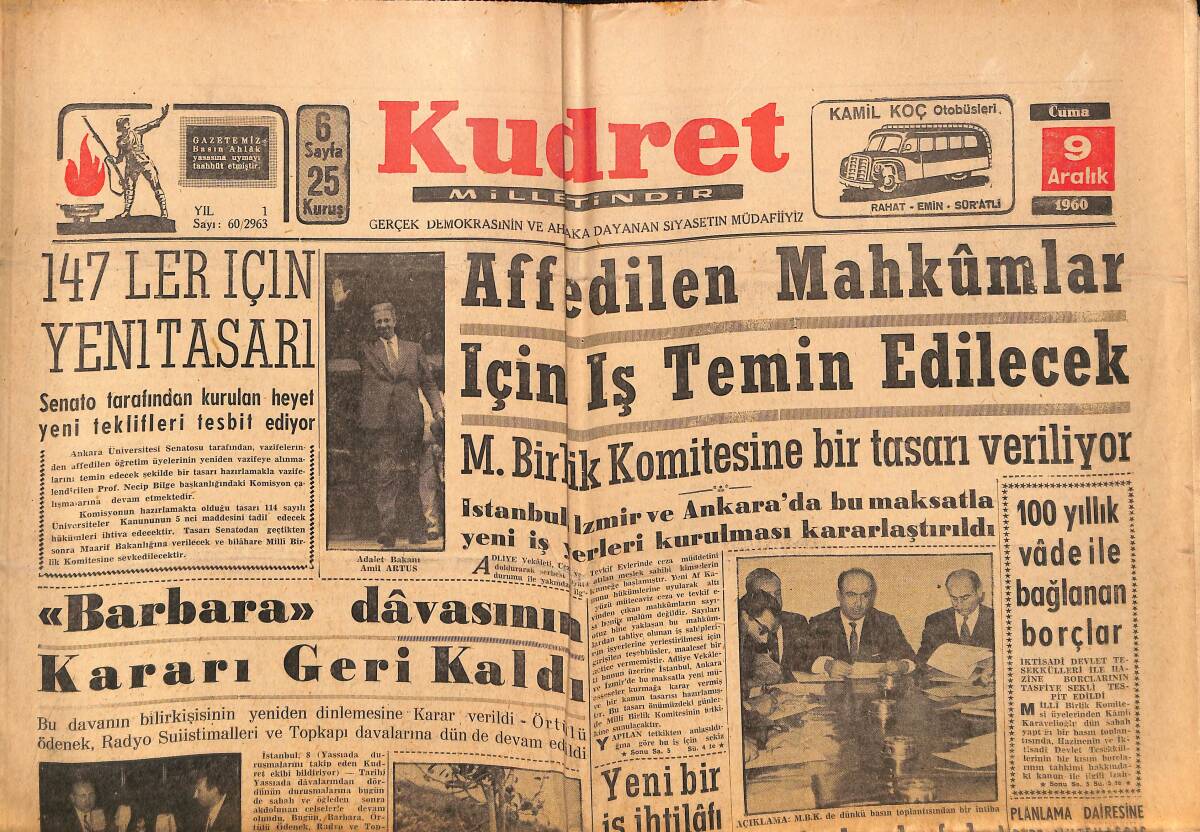 Kudret Gazetesi 9 Aralık 1960 - Yassıada'da Dört Davaya Bakıldı - Barbara Davasının Kararı Geri Kaldı GZ150021 - 1