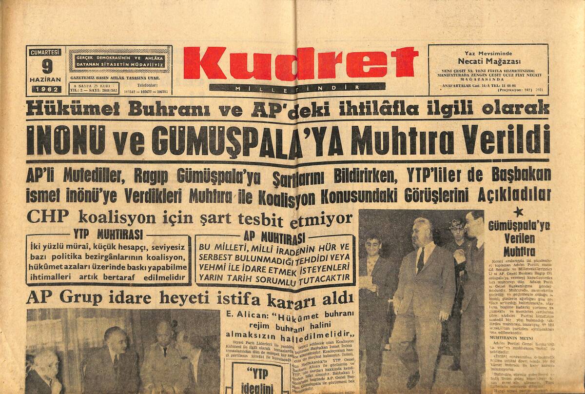 Kudret Gazetesi 9 Haziran 1962 - İnönü Ve Gümüşpala'ya Muhtıra Verildi - Kore'de Üniversiteliler Gösterilere Başladılar GZ150054 - 1
