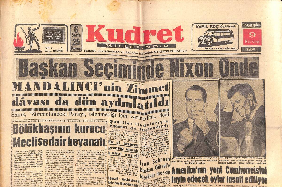 Kudret Gazetesi 9 Kasım 1960 - Başkan Seçiminde Nixon Önde - Ankara Üniversitesi Dün Törenle Açıldı GZ150025 - 1